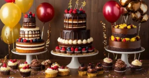 Five variations of Boston cream cake on a rustic wooden table, showcasing classic, coconut, fruit-infused, cupcakes, and artistic twist styles with chocolate ganache and custard.