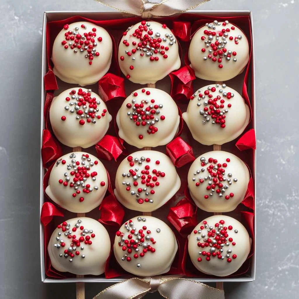 Red velvet cake pops with cream cheese frosting and white chocolate coating.