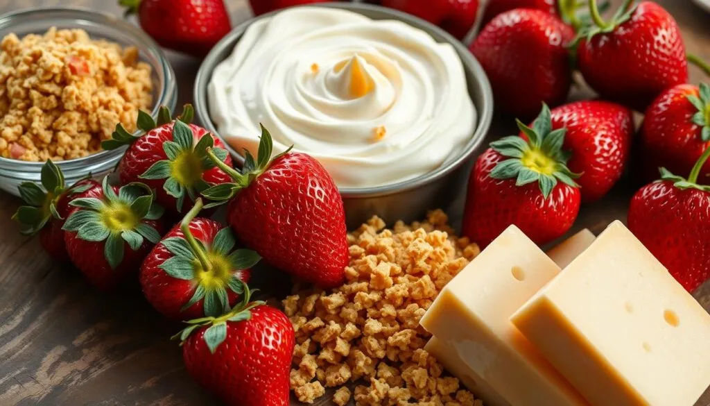 Key ingredients for creamy cheesecake and crunchy cheesecake Key ingredients for creamy cheesecake and crunchy cheesecake