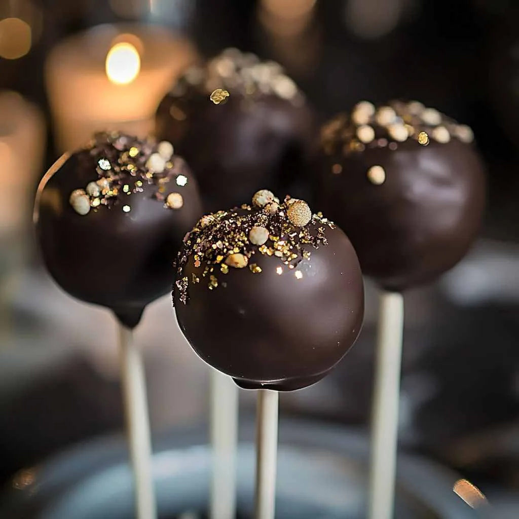 Chocolate cake pops with rich chocolate ganache coating and edible glitter.