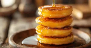 Close-up of golden crispy hoe cakes stacked on a rustic wooden plate with honey drizzle in a Southern kitchen.