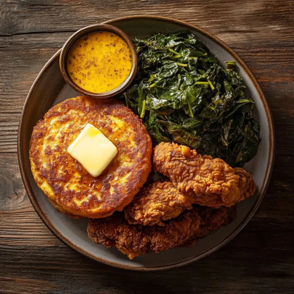 Hoe cakes served with crispy fried chicken and collard greens on a rustic wooden table.