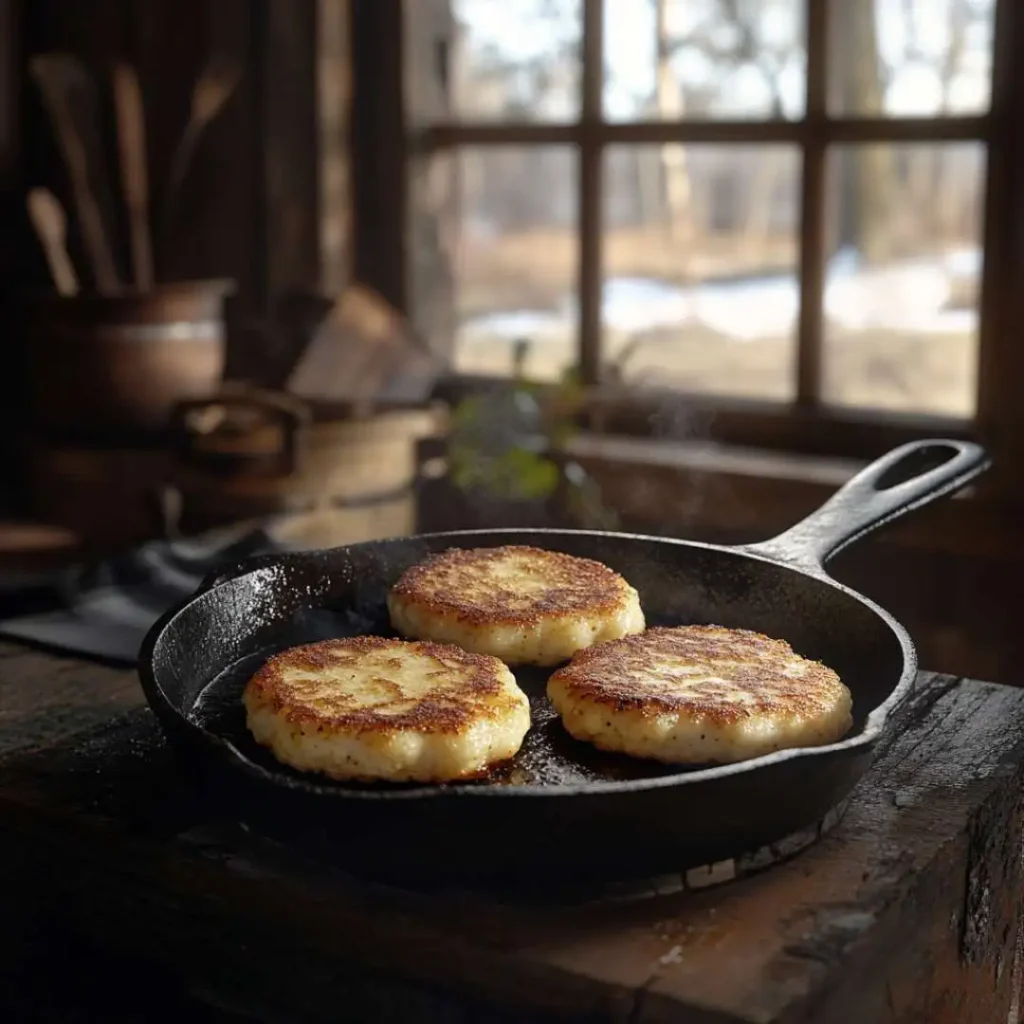 Golden brown hoe cakes sizzling in a cast iron skillet in a cozy Southern kitchen.