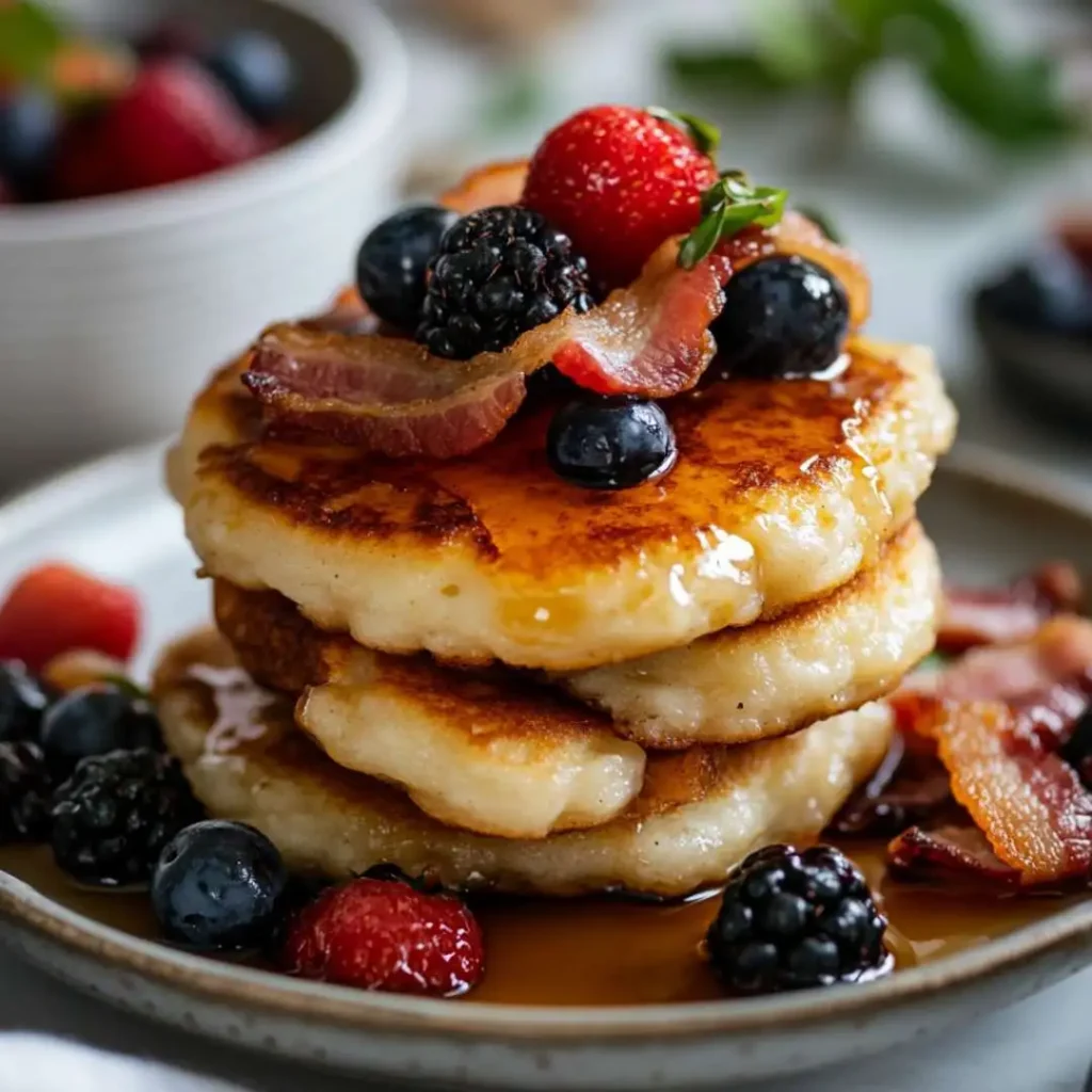 Plate of hoe cakes with crispy bacon, maple syrup, and fresh berries, served with various toppings.